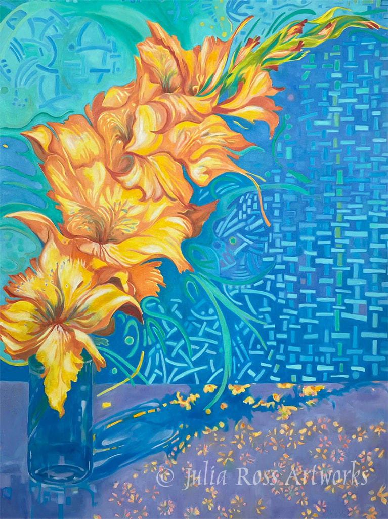 Julia Ross - Gladioli on Blue, oil on canvas, 36x48", $2,400